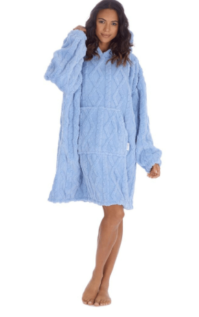 Ladies Cable Knit Design Oversized Snuggle Hoodie - Blue