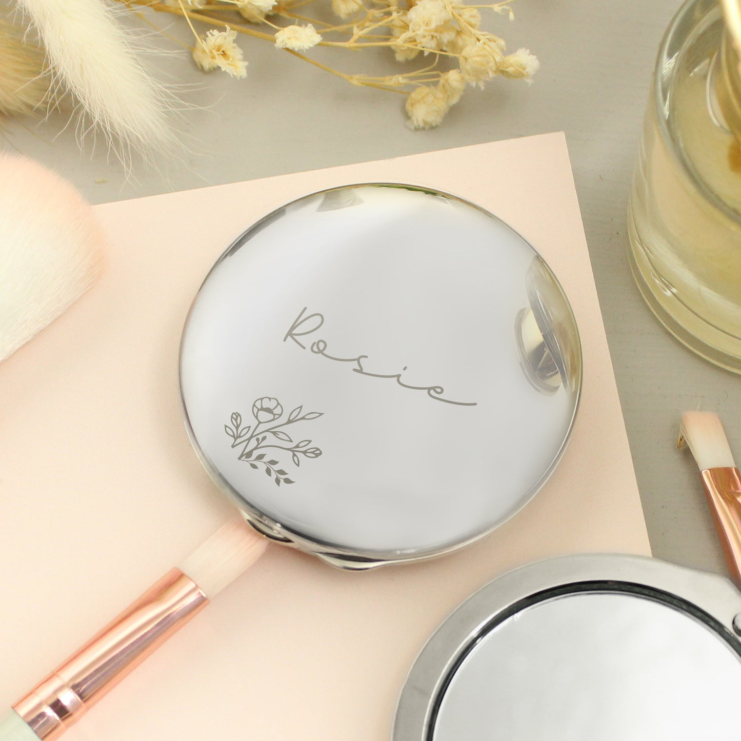 Personalised Floral Round Compact Mirror