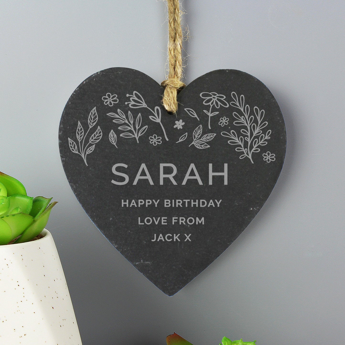 Personalised Engraved Botanical Slate Heart Decoration