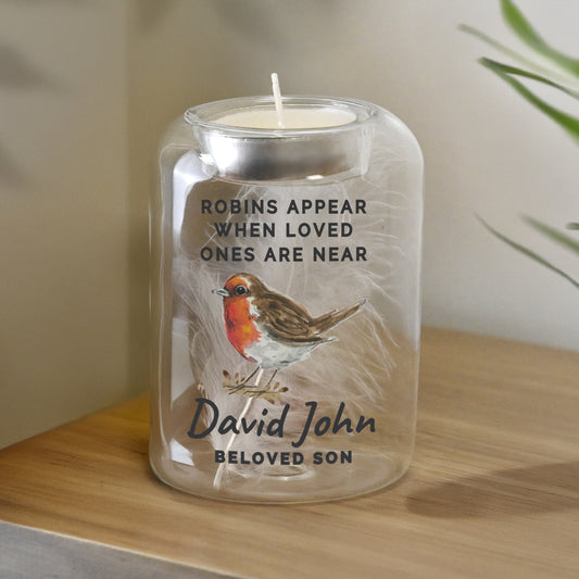 Personalised Robin Memorial Feather Tealight Holder