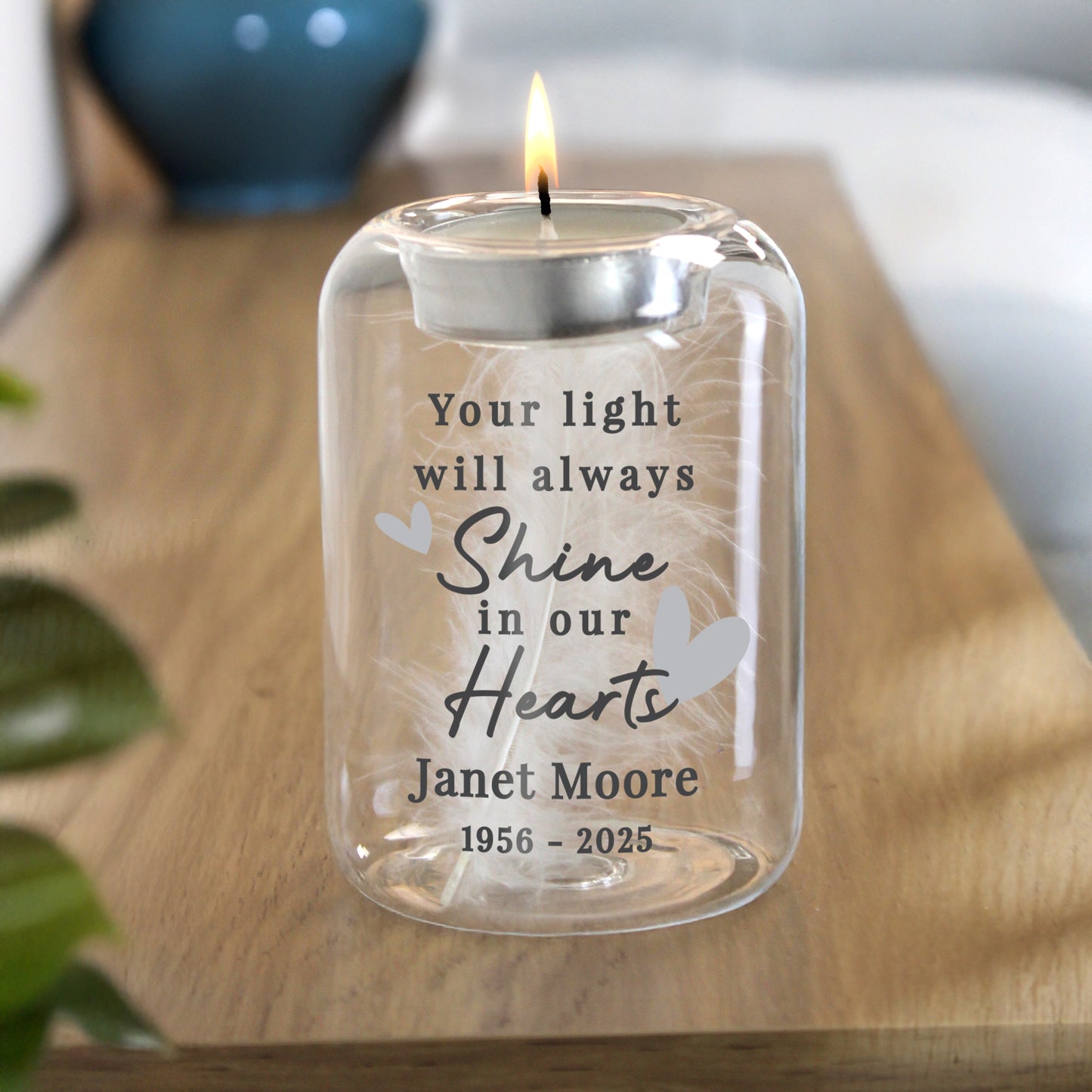 Personalised In Our Hearts Memorial Feather Tealight Holder