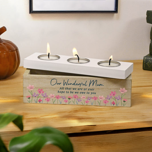 Personalised Floral Wooden Triple Tea Light Box