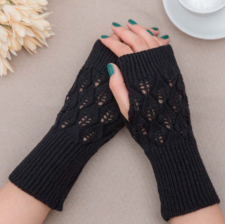 Winter Arm Hand Warmer Knitted Long Fingerless Gloves Soft Mittens for Female - Black