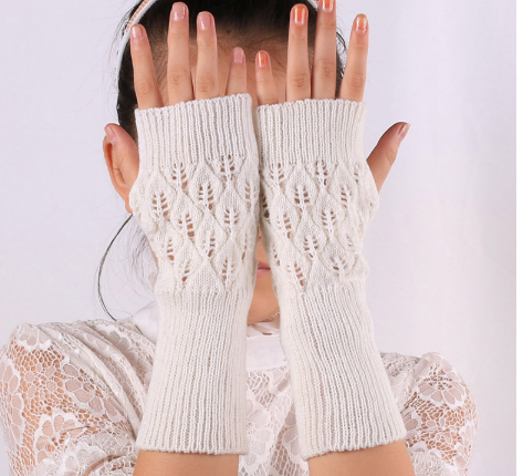 Winter Arm Hand Warmer Knitted Long Fingerless Gloves Soft Mittens for Female - White