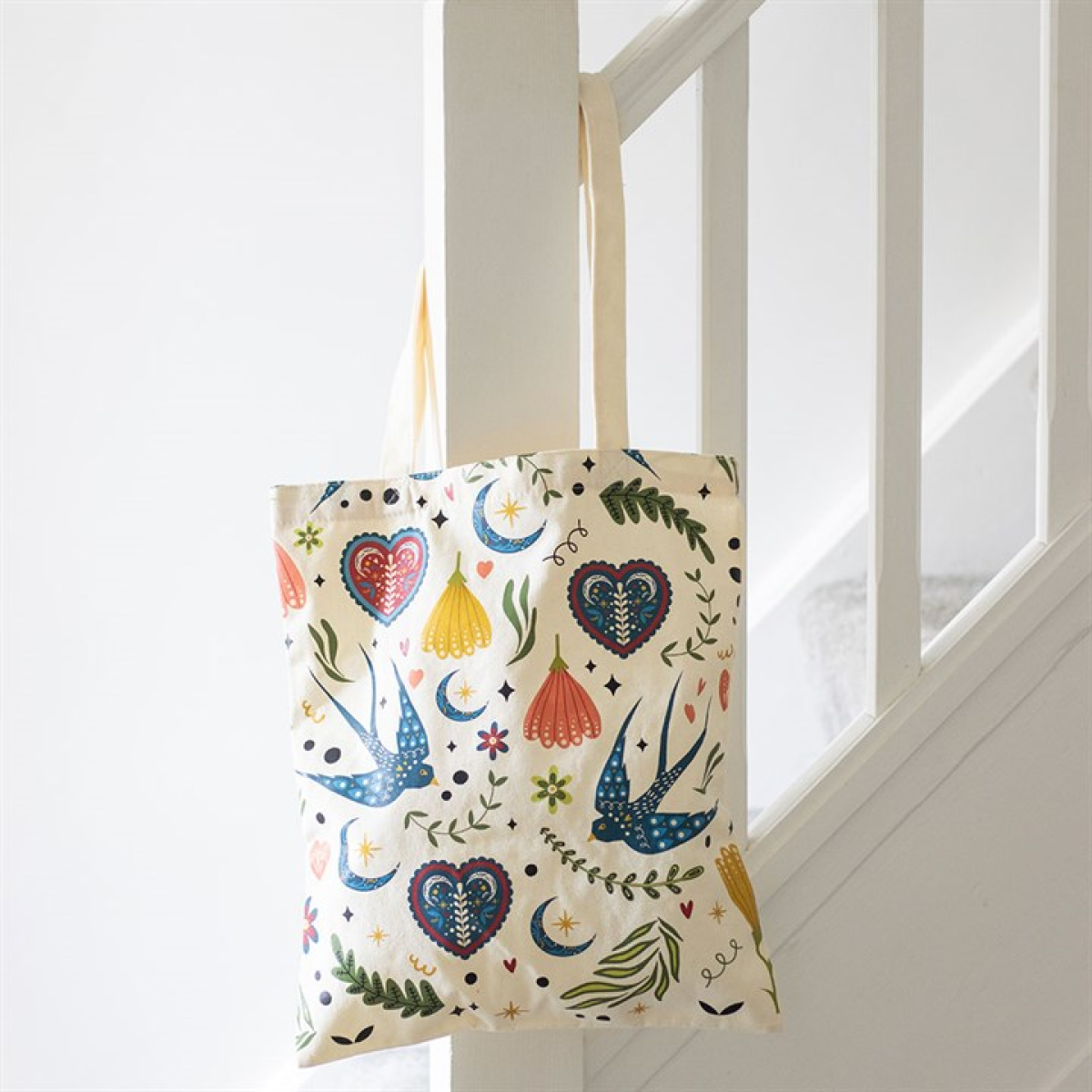 Cream Folk Print Polycotton Tote Bag